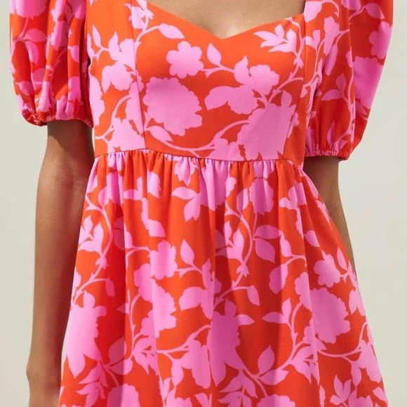 Sugarlips Pink and Cherry Red Puff Sleeve Floral Ruffle Hem Mini Dres - Picture 2 of 6